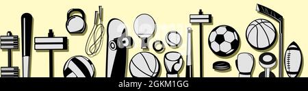 Sports equipment for athletes. Horizontal bottom seamless border. Set of tools. Vector. Stock Vector