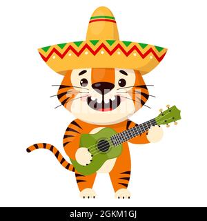 Cute cartoon smiling tiger in a sombrero plays the guitar. Symbol of 2022, year of the tiger. Vector illustration isolated on white background. Stock Vector