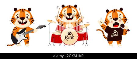 Cute cartoon tiger playing electric guitar, drums and singing, rock band. Symbol of 2022, year of the tiger. Vector illustration isolated on white bac Stock Vector