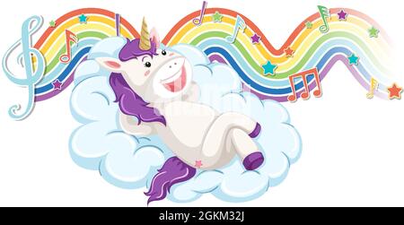 Unicorn laying on the cloud with melody symbols on rainbow wave ...