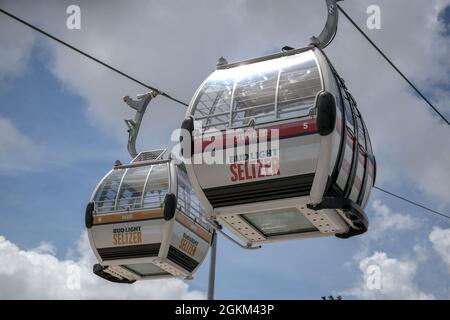 Tuesday, September 14, 2021; Miami, FL. USA; A general view of the new sky ride gondolas that will carry fans from a remote lot to the stadium and did not run in 2020 due to the pandemic, during the Hard Rock Stadium Media Tour and Tasting before the Miami Dolphins home opener against the Buffalo Bills.  (Kim Hukari/Image of Sport) Stock Photo