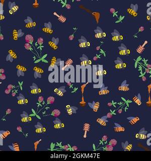 pattern with bees, honeycomb, clover flowers and honey Stock Vector