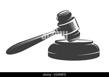 Monochrome Emblem of Judge Gavel. Law and Justice concept drawn in engraving style isolated on white. Vector illustration Stock Vector