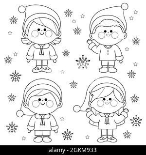 Group of children in Christmas Santa Claus costumes. Black and white coloring page. Stock Photo
