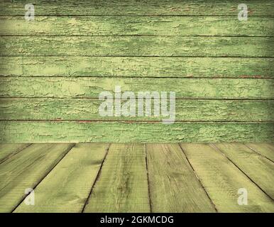 Old wooden room interior, green empty background with space for your text or design Stock Photo