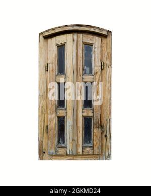 Aged weathered brown wooden window shutters isolated on white background Stock Photo