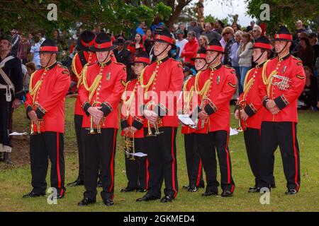 Members of the New Zealand Army Band in ceremonial uniform at the 150th anniversary of the 1864 Battle of Gate Pa Stock Photo
