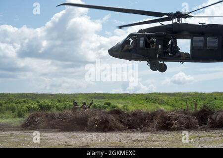 The Louisiana National Guard’s 1st Battalion, 244th Aviation Regiment, in support of the U.S. Fish and Wildlife Service, loads and transports bundles of recycled Christmas trees provided by Orleans Parish residents to rebuild marshland in Bayou Sauvage located in New Orleans East, May 26, 2021. This process creates new marsh habitats by building structures that can support native marsh grasses, which traps and holds sediment, creating more land and stable environments for wildlife. Stock Photo