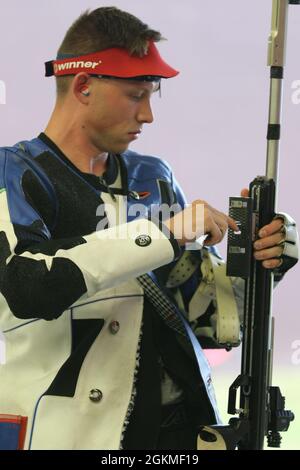 Sgt. Patrick Sunderman, a Farmington, Minnesota native who is a marksmanship instructor/competitive shooter for the U.S. Army Marksmanship Unit, earned a spot on Team USA's Men's 50m Smallbore Team after completing Part 2 of the Olympic Trials at Fort Benning, Georgia on May 26, 2021.     This Soldier claimed his Olympic berth with the combined score (from Part 1 and Part 2 Trials) of 4706-249x. The 50m Smallbore event is also referred to as Three Position rifle since the athletes must fire 40 rounds in the kneeling, prone and standing positions in two days of qualification rounds. Then, the t Stock Photo