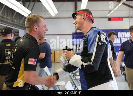 Sgt. Patrick Sunderman, a Farmington, Minnesota native who is a marksmanship instructor/competitive shooter for the U.S. Army Marksmanship Unit, earned a spot on Team USA's Men's 50m Smallbore Team after completing Part 2 of the Olympic Trials at Fort Benning, Georgia on May 26, 2021.     This Soldier claimed his Olympic berth with the combined score (from Part 1 and Part 2 Trials) of 4706-249x. The 50m Smallbore event is also referred to as Three Position rifle since the athletes must fire 40 rounds in the kneeling, prone and standing positions in two days of qualification rounds. Then, the t Stock Photo