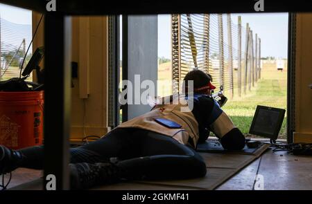 Sgt. Patrick Sunderman, a Farmington, Minnesota native who is a marksmanship instructor/competitive shooter for the U.S. Army Marksmanship Unit, earned a spot on Team USA's Men's 50m Smallbore Team after completing Part 2 of the Olympic Trials at Fort Benning, Georgia on May 26, 2021.     This Soldier claimed his Olympic berth with the combined score (from Part 1 and Part 2 Trials) of 4706-249x. The 50m Smallbore event is also referred to as Three Position rifle since the athletes must fire 40 rounds in the kneeling, prone and standing positions in two days of qualification rounds. Then, the t Stock Photo