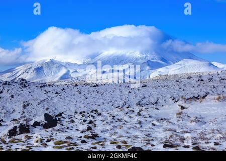 View of Mount Ngauruhoe, New Zealand, from nearby Mount Ruapehu. Both mountains are covered in snow Stock Photo
