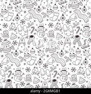 Hand drawn winter seamless pattern with winter elements. Winter clothes, snowman, birds, leaves and christmas decoration. Doodle vector illustration. Stock Vector