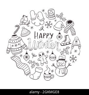 Hand drawn winter card with winter elements. Winter clothes, snowman, birds, leaves and christmas decoration. Doodle vector illustration with isolated Stock Vector