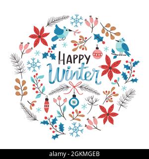Hand drawn floral winter card with winter flowers, branches, birds and christmas decoration. Colorful vector illustration with isolated elements. Stock Vector