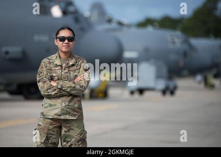 U.S. Air Force Senior Airman Alyssa Cruz is a crew chief with the 73rd Aircraft Maintenance Unit at Hurlburt Field, Florida, May 26, 2021. Cruz was part of an all-female maintenance contingent that prepped and conducted the first-ever all-female AC-130J Ghostrider gunship flight. Stock Photo