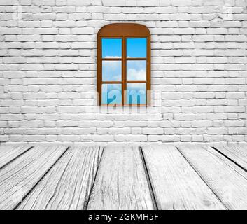Old room interior, empty background from brick wall and wooden floor, with space for your text or design Stock Photo
