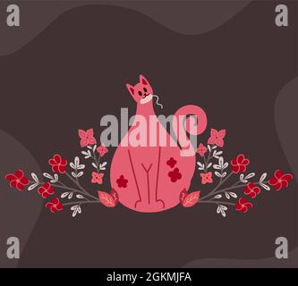 Cute pink cat with mouse toys and flowers on the branches on brown background. Delicate flat illustration of playing pet with floral pattern. Vector d Stock Vector