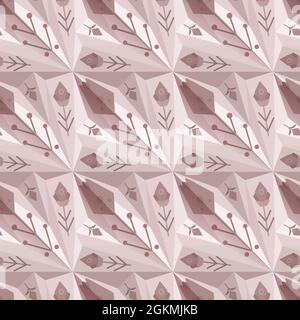Geometric pattern with floral ornaments with shadow illusion. Vector seamless architectural texture with folk decorations. Surface of the design with Stock Vector