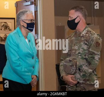 Maj. Gen. Rich Neely, right, of Springfield, the Adjutant General of Illinois and Commander of the Illinois National Guard talks with Cook County Board President Toni Preckwinkle at the mass COVID-19 vaccination site at the Tinley Park Convention Center in Tinley Park, Illinois. Neely and Command Sgt. Maj. Dena Ballowe, of Litchfield, Illinois, Senior Enlisted Leader, Illinois National Guard, visited the Tinley Park site as part of a “graduation ceremony” at the site May 27 hosted by the Cook County Department of Public Health. The ceremony was held as a thank you to the workers at the site, w