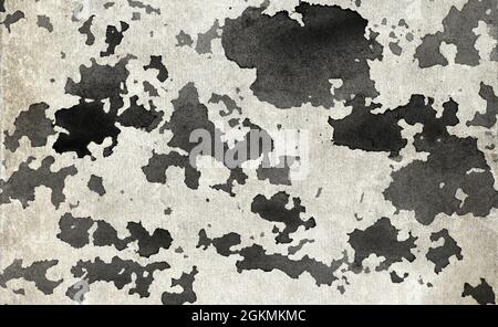 Grey watercolor bckground, black drops on white paper. Stock Photo