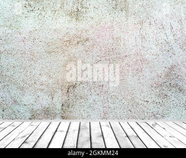Room interior: grey painted cement wall with old wooden floor Stock Photo