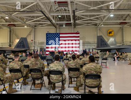 President Joe Biden speaks to joint service members during his administration's first visit to Joint Base Langley-Eustis, Virginia, May 28, 2021. Biden spoke on the importance of military sacrifice and thanked the members for their continued dedication to defending the nation. Stock Photo