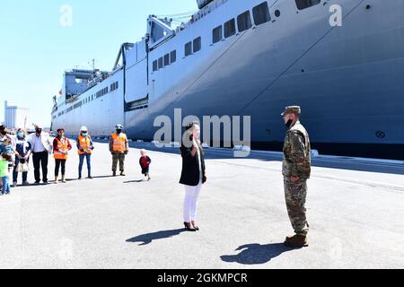 The 839th Transportation Battalion 'Key to the Mediterranean 'held a Family Day event at the port facility in Livorno, Italy, May 28, 2021. The 839th along with the members of its Italy Detachment invited family members to the port to observe port operations in support of the equipment upload to the USNS Bob Hope, a U.S. Military Sealift Command vessel. The families were able to see first-hand the vital mission that 839th Soldiers, Army civilians and host-nation professionals perform at ports in support of the U.S. European Command and U.S. Africa Command missions. Stock Photo