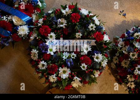 Memorial wreaths are laid in the chapel at the Brookwood American Military Cemetery, England, after a 2021 Memorial Day ceremony May 30, 2021. Memorial Day is one of our Nation's most solemn occasions. It serves as a chance to pause, reflect, and honor the women and men who gave the last full measure defending our Nation and our democratic ideals. Stock Photo