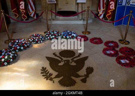 Memorial wreaths are laid in the chapel at the Brookwood American Military Cemetery, England, after a 2021 Memorial Day ceremony May 30, 2021. Memorial Day is one of our Nation's most solemn occasions. It serves as a chance to pause, reflect, and honor the women and men who gave the last full measure defending our Nation and our democratic ideals. Stock Photo