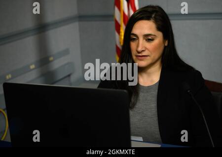 Deputy Assistant to the Secretary of Defense for Middle East Dana Stroul participates in a virtual Middle East Institute discussion at the Pentagon, Washington, D.C., June 1, 2021. Stock Photo