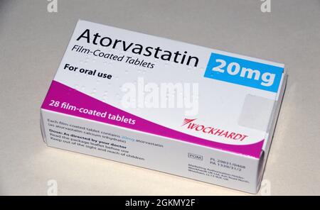 A Box of 28, 20mg Film Coated Atorvastatin (Lipitor) 'Statin' Tablets made by Wockhardt Prescribed for Reducing Cholesterol, England, UK. Stock Photo