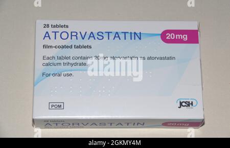 A Box of 28, 20mg Film Coated Atorvastatin (Lipitor) 'Statin' Tablets made by JCSH Prescribed for Reducing Cholesterol, England, UK. Stock Photo