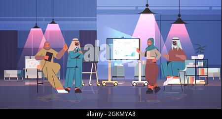 arab businesspeople team making financial presentation on digital board during conference meeting Stock Vector