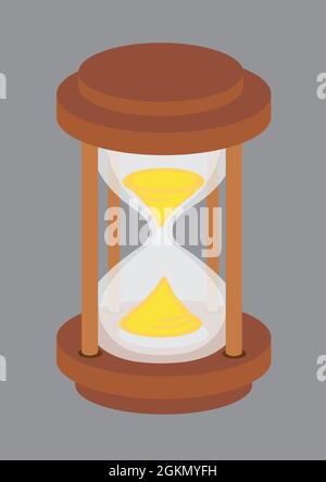 Vector illustration of an old-fashioned wooden hourglass with golden sand viewed from high angle isolated on grey background. Stock Vector