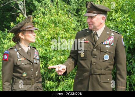 Gen. Robert B. Abrams, Commander of U.S. Forces Korea, delivers remarks during the promotion ceremony for Maj. Gen. Michele H. Bredenkamp, United States Forces Korea Director of Intelligence, at the Joint Security Area, South Korea, June 2, 2021. Bredenkamp has served as an Intelligence Officer since 1990 in a variety of positions such as brigade commander and Defense Intelligence Agency Vice Director for Intelligence, with various deployments to Afghanistan and Iraq. Stock Photo