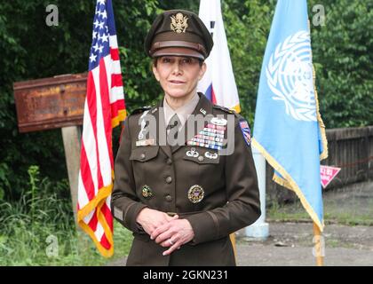 Maj. Gen. Michele H. Bredenkamp, United States Forces Korea Director of Intelligence, delivers remarks during her promotion ceremony at the Joint Security Area, South Korea, June 2, 2021. Bredenkamp has served as an Intelligence Officer since 1990 in a variety of positions such as brigade commander and Defense Intelligence Agency Vice Director for Intelligence, with various deployments to Afghanistan and Iraq. Stock Photo