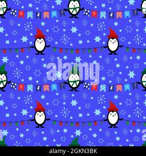 Pattern with penguins, Christmas balls and flags. Vector illustration.  Stock Vector