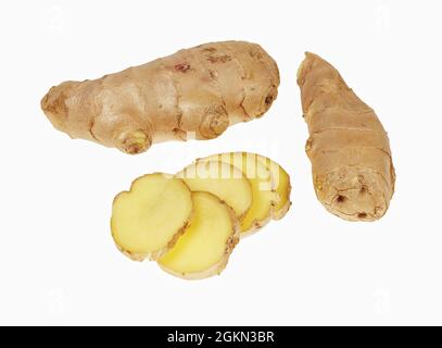Ginger root and slices of ginger root, isolated on white background Stock Photo