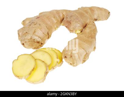 Ginger root and slices of ginger root, isolated on white background Stock Photo