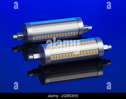 Linear R7S LED bulb, dimmable, on blue background Stock Photo