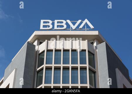 VALENCIA, SPAIN - AUGUST 29, 2021. BBVA is a Spanish Bank. It is one of the largest financial institutions in the world Stock Photo