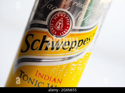 Ukraine. 15th Sep, 2021. In this photo illustration a can of Schweppes Indian Tonic water is seen displayed. Credit: SOPA Images Limited/Alamy Live News Stock Photo