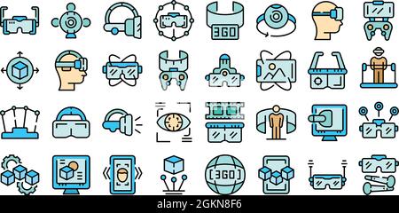 Vr platform icons set. Outline set of vr platform vector icons thin line color flat isolated on white Stock Vector