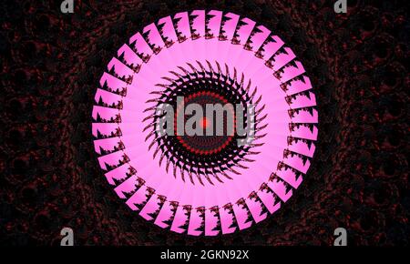 Glowing rings in neon background. Purple circles in form of tunnel template in dark blue waves. Night city light and synthwave parties. Luminous 80s v Stock Photo