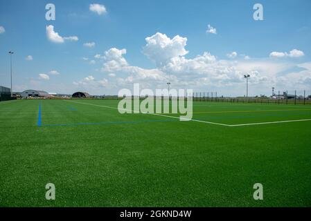 The new artificial turf field located at Clay North in Lucius D. Clay Kaserne, June 4, 2021. The turf field is the latest sports addition for U.S. Army Garrison Wiesbaden and is located next to the Family and Morale Welfare and Recreation Programs (FMWR) Recreation Center at Clay North. Stock Photo