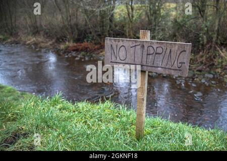 No fly-tipping sign in the countryside, Northumberland, UK, Stock Photo