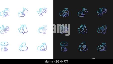 Hand washing steps gradient icons set for dark and light mode Stock Vector