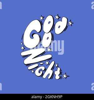 Good night doodling white lettering, moon shape, crescent moon, star, hand contour drawing. Isolated, blue background. Vector illustration Stock Vector
