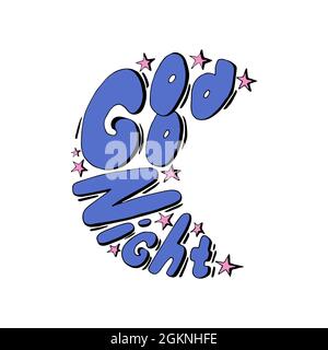 Good night doodling blue lettering, moon shape, crescent moon, pink star, hand contour drawing. Isolated, white background. Vector illustration Stock Vector